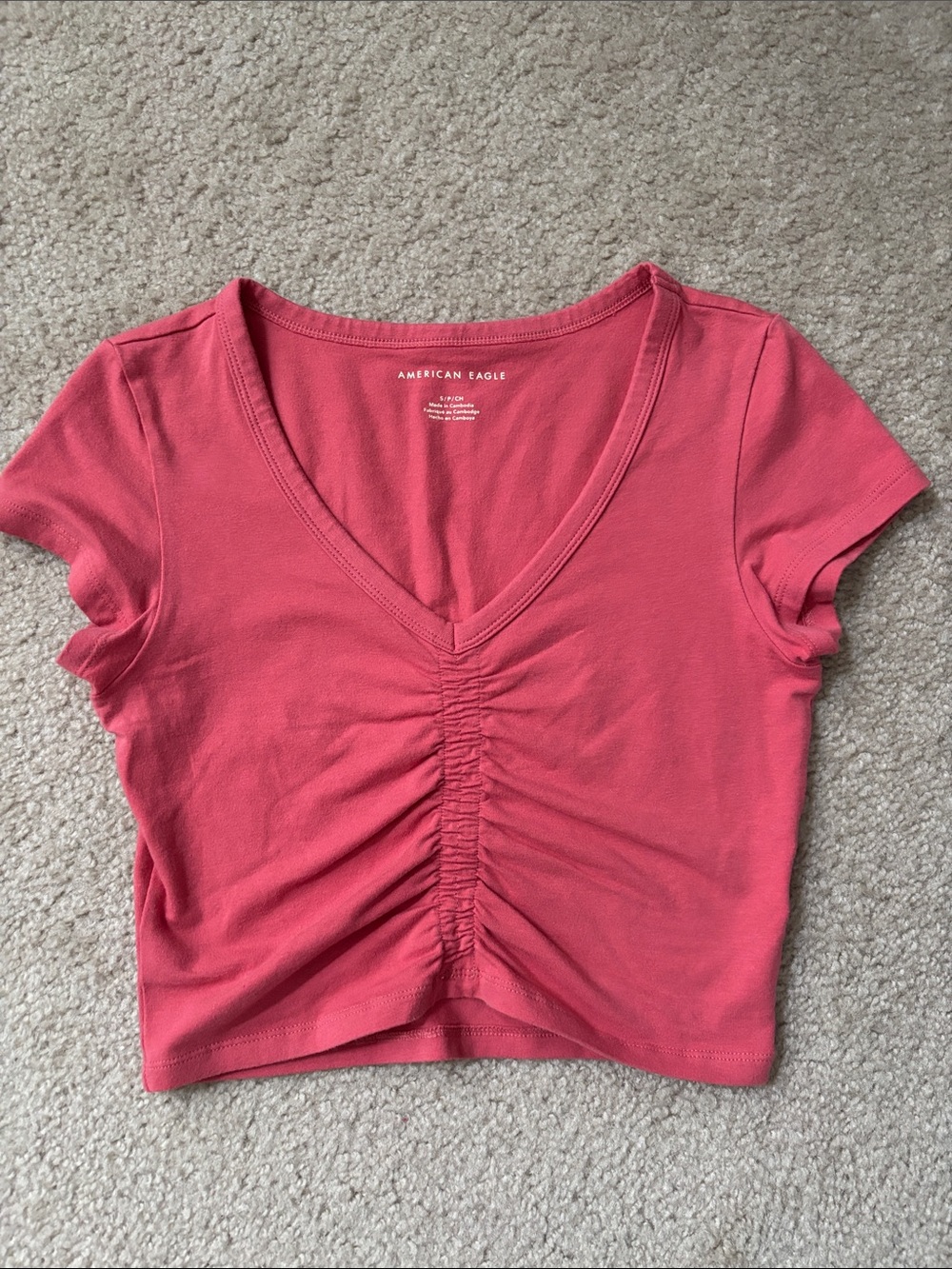 American Eagle Rose Pink Ruched V-Neck Crop Tee - Size XS